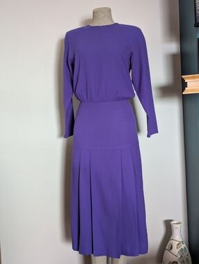 Retro 80's Purple Wool Dress , Midi Length Size 10